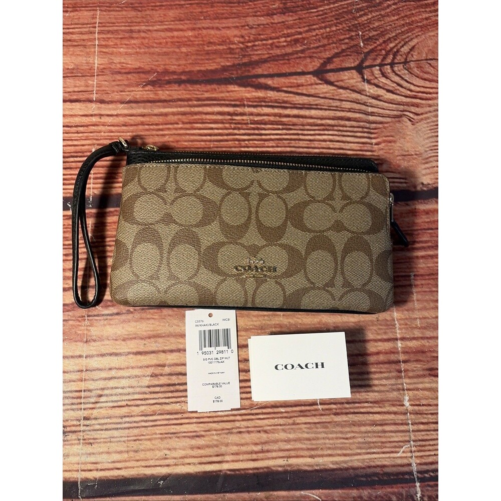COACH C5576 NWT Signature PVC Double Zip Wallet (IM/Khaki/Black) NEW